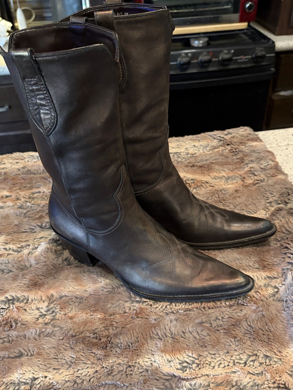 Franco Sarto Dark Bronze/ Brown Leather Pointed-Heel Mid-Calf Boots